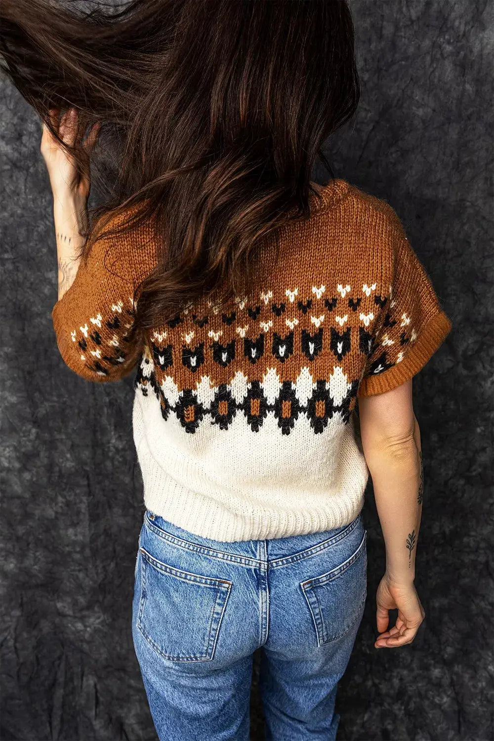 V Neck Short Sleeve Geometric Sweater by Trendsi