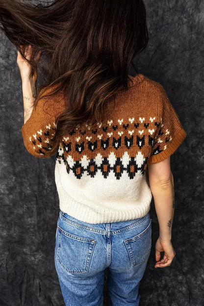 V Neck Short Sleeve Geometric Sweater by Trendsi