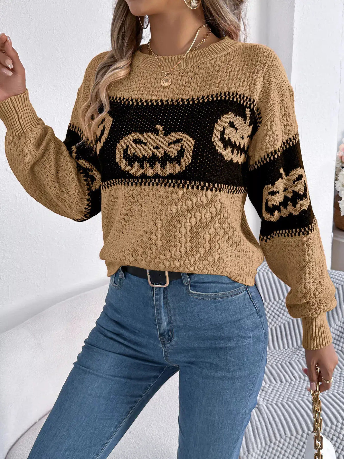Halloween Pumpkin Pattern Round Neck Sweater by Trendsi