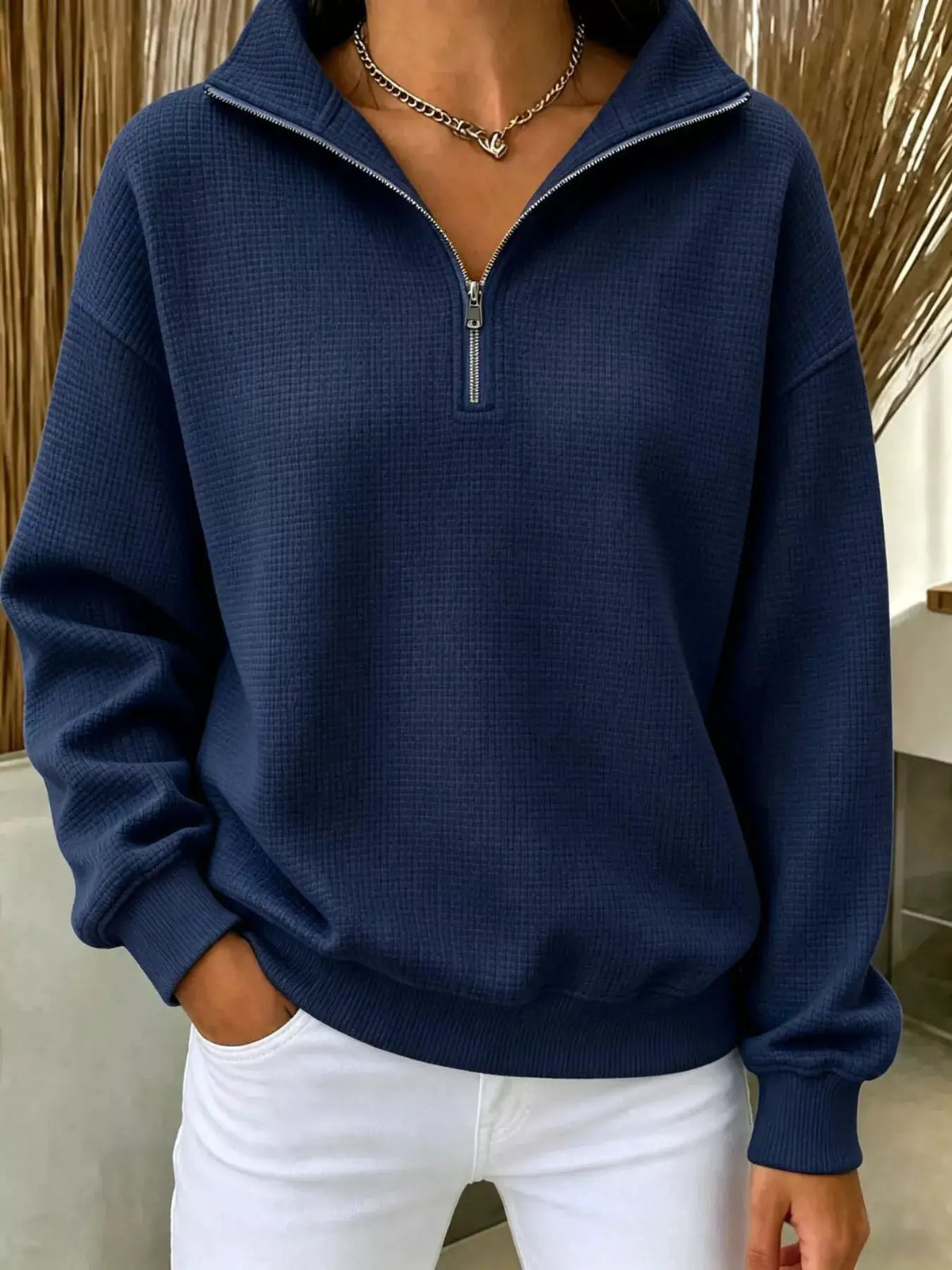 Full Size Waffle Knit Quarter-Zip Sweatshirt Plus Size by Trendsi
