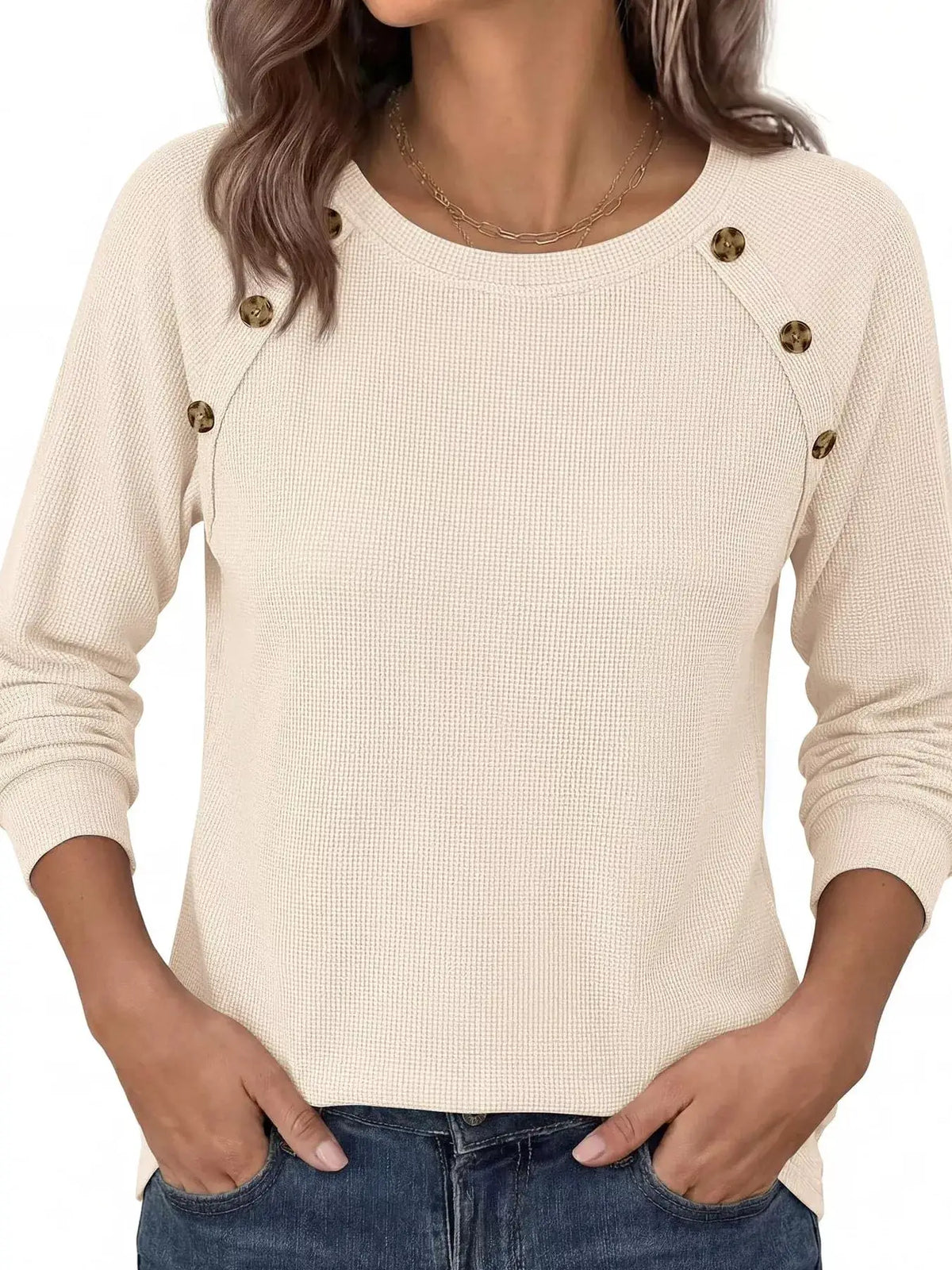 Decorative Button Waffle Knit Long Sleeve T-Shirt by Trendsi