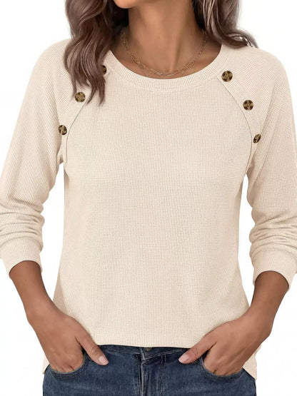 Decorative Button Waffle Knit Long Sleeve T-Shirt by Trendsi
