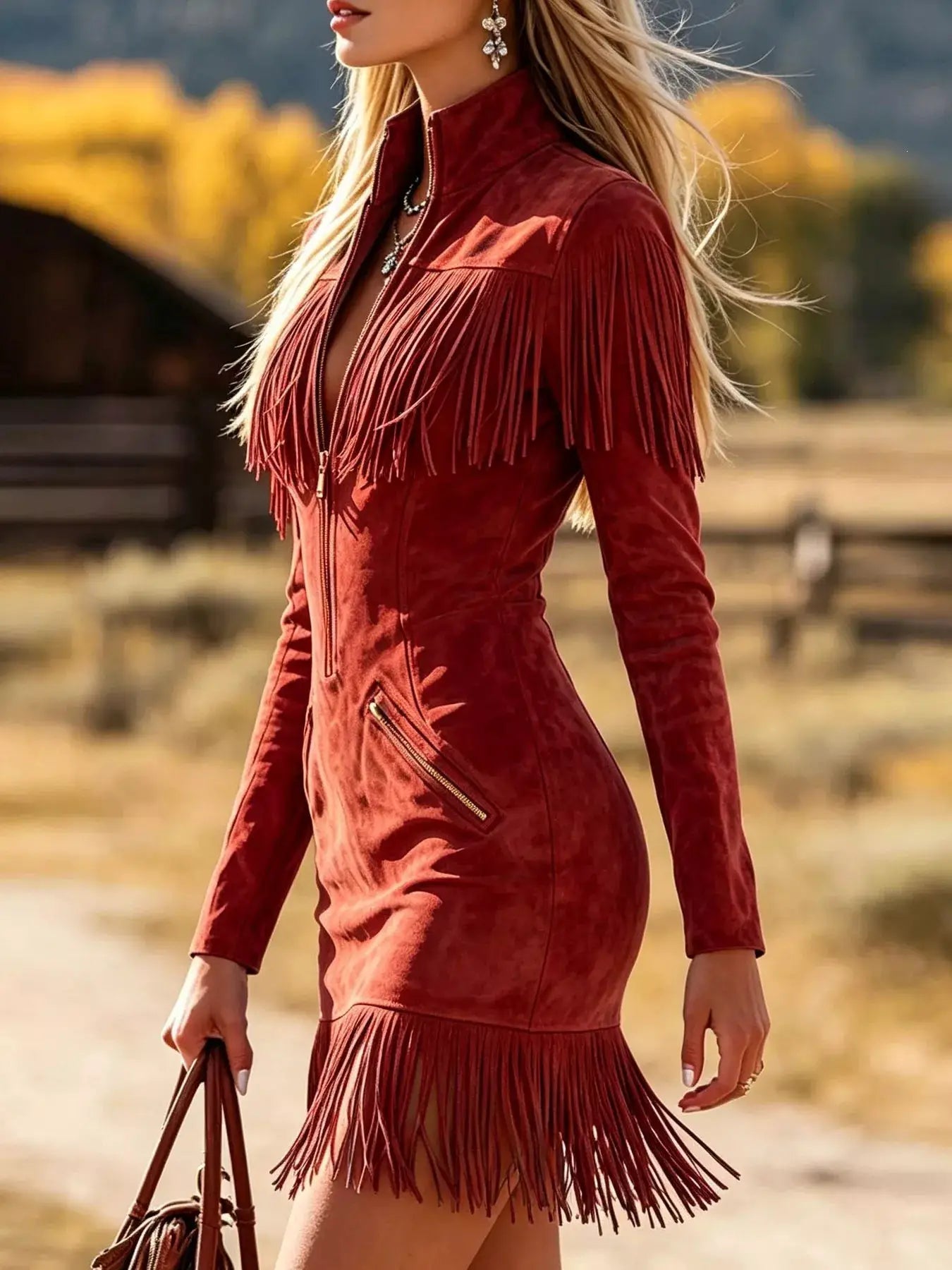 Fringed Zip-Front Mini Dress by Trendsi