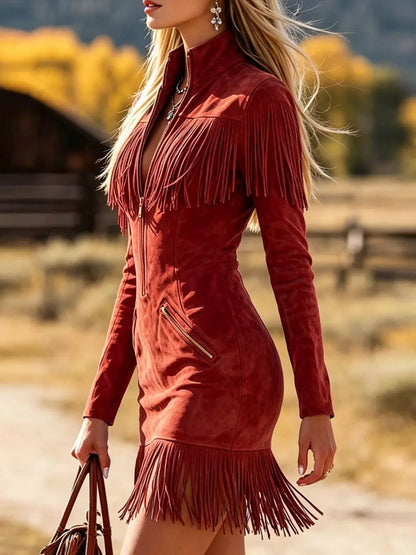 Fringed Zip-Front Mini Dress by Trendsi