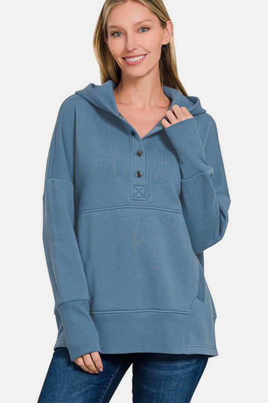 Zenana Half Snap Long Sleeve Hoodie with Kangaroo Pocket