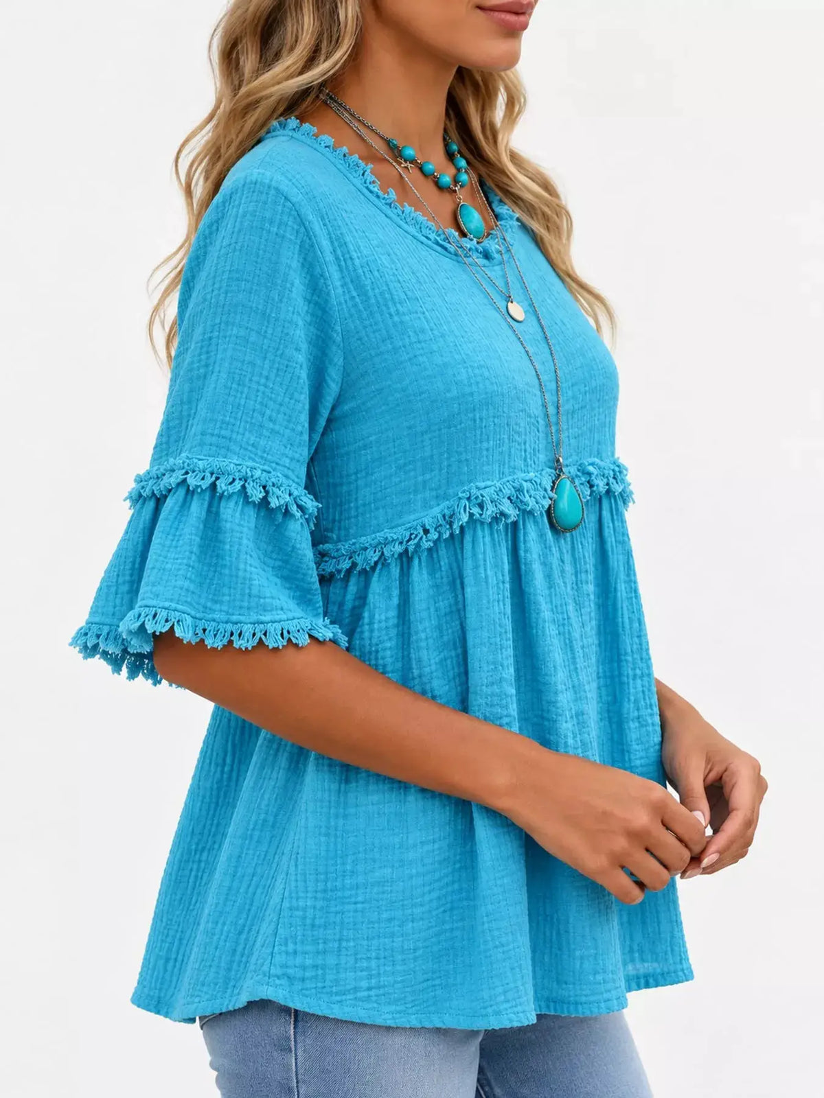 Full Size Frayed Edge Textured Blouse Plus Size by Trendsi