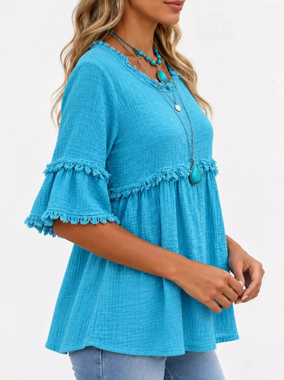 Full Size Frayed Edge Textured Blouse Plus Size by Trendsi