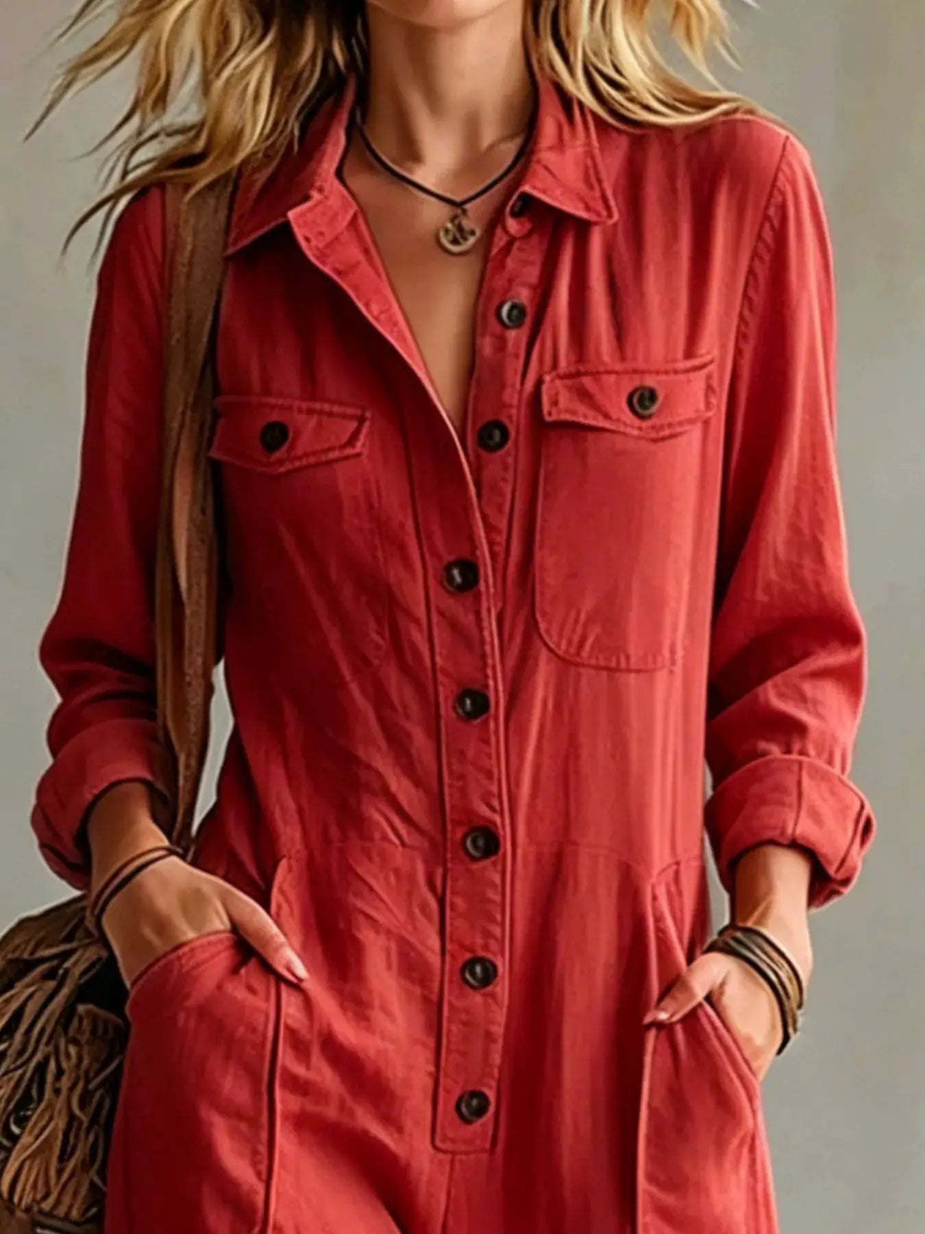 Full Size Long Sleeve Button Front Jumpsuit Plus Size by Trendsi