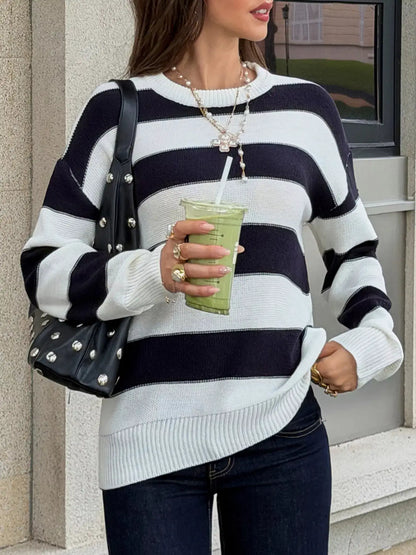 Striped Crew Neck Sweater by Trendsi