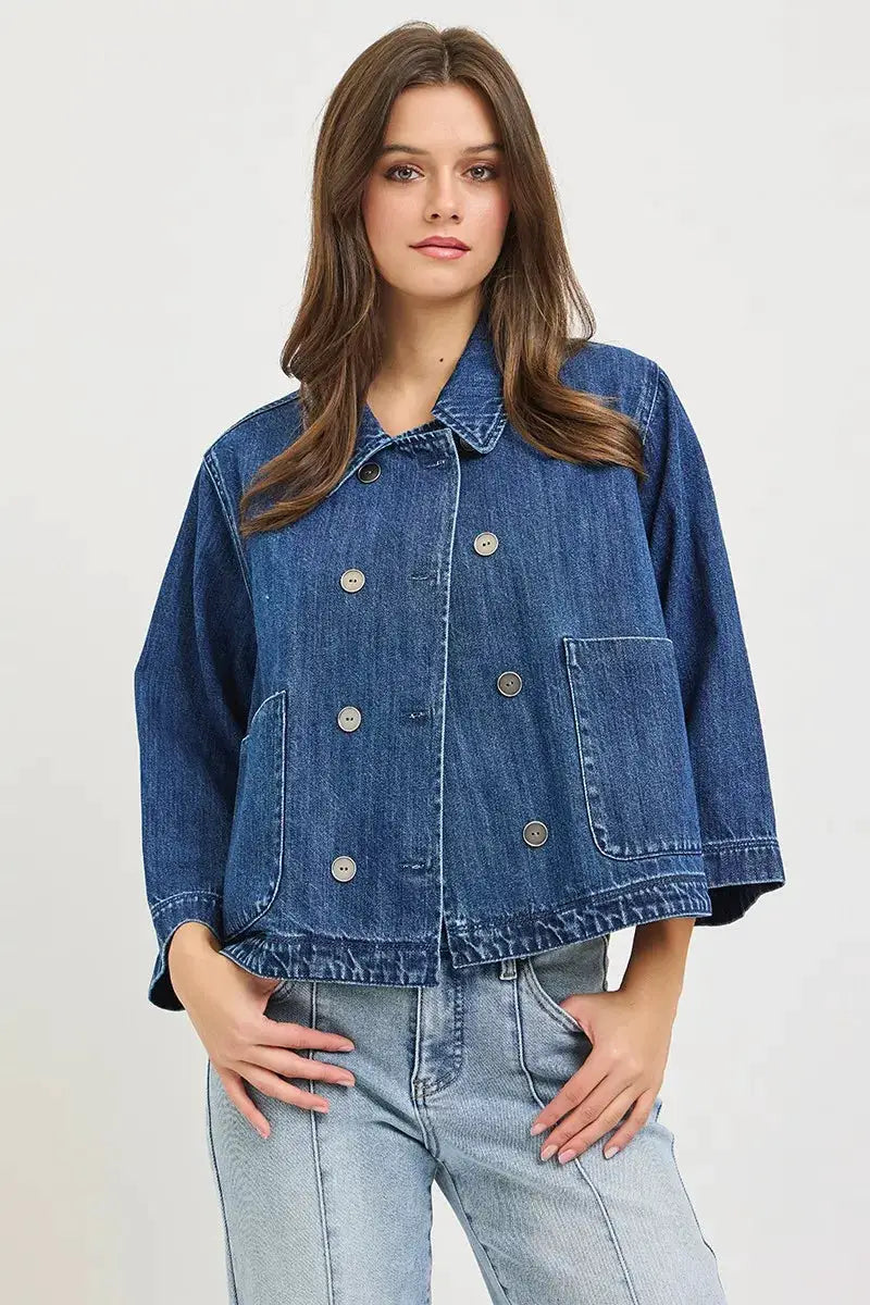 RISEN Double-Breasted Flowy Cropped Denim Jacket by Trendsi