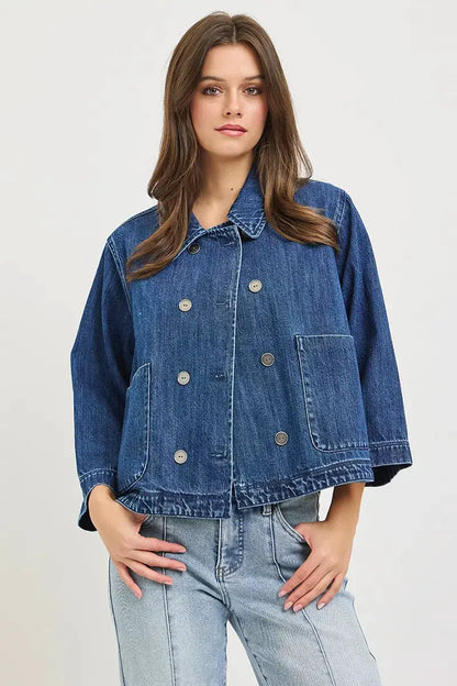 RISEN Double-Breasted Flowy Cropped Denim Jacket by Trendsi