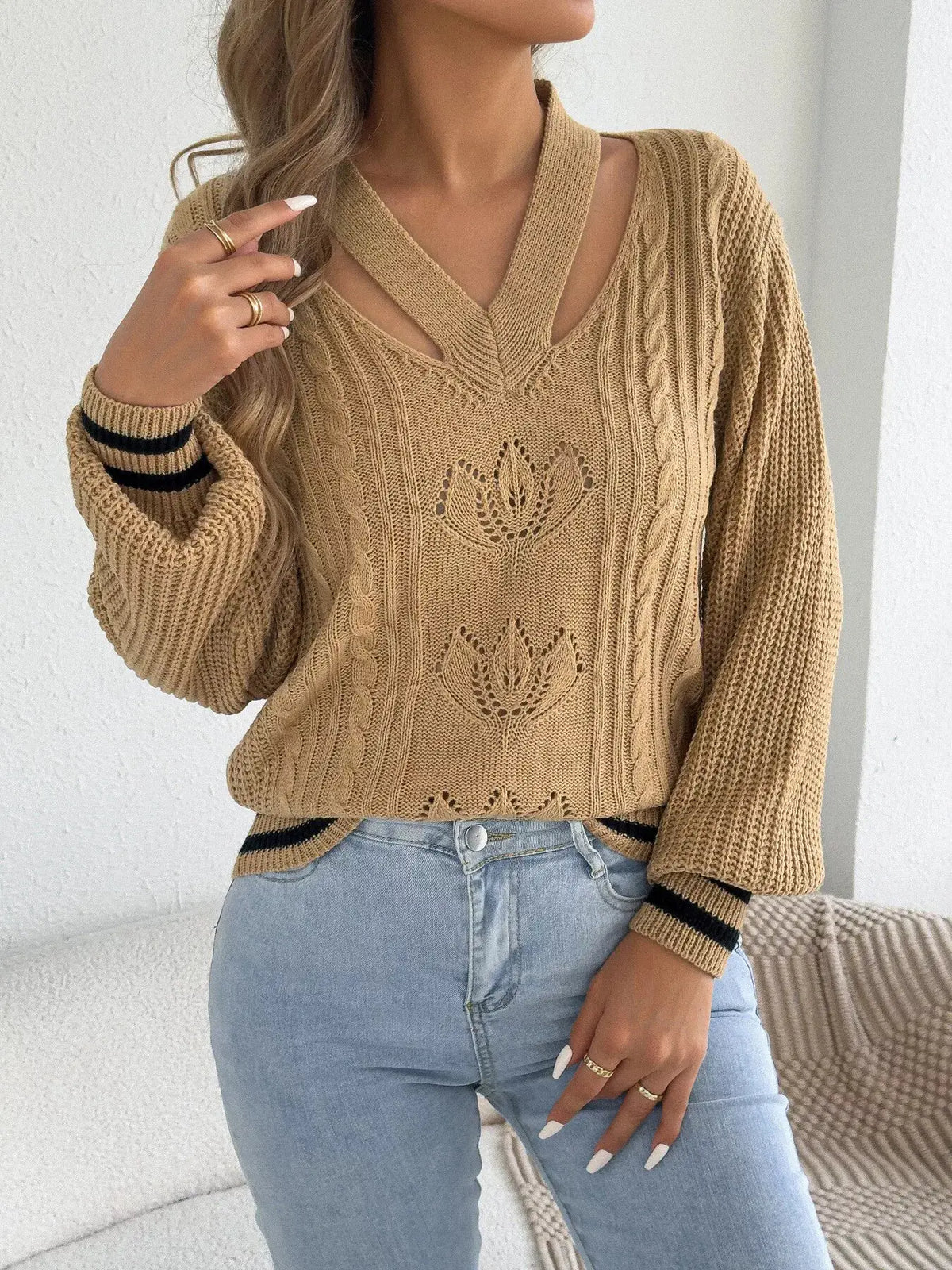 Cutout Cable Knit Sweater by Trendsi