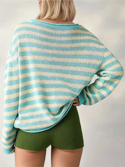 Casual Striped Boat Neck Sweater by Trendsi