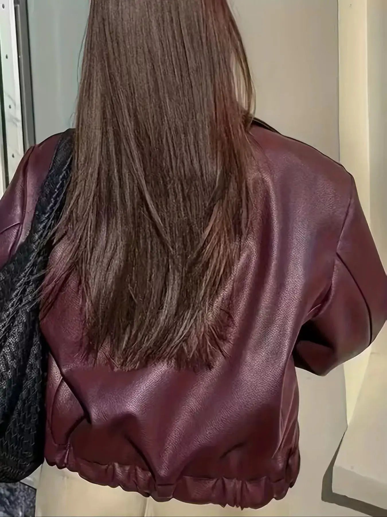 Oversized Faux Leather Zip Up Moto Jacket by Trendsi
