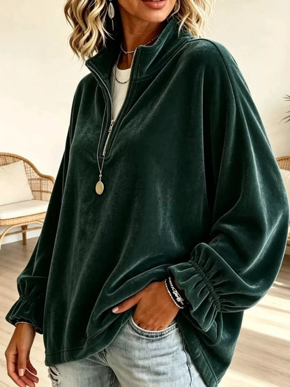 Velvet Quarter-Zip Sweatshirt with Ruffled Cuffs by Trendsi