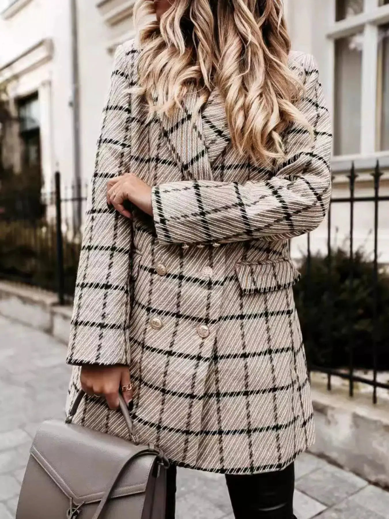 Plaid Tweed Double-Breasted Coat by Trendsi