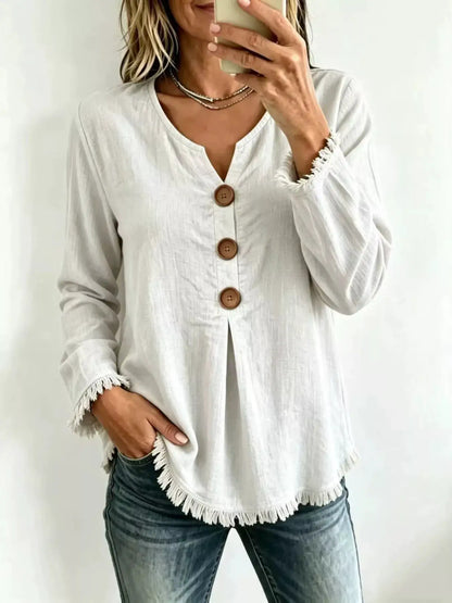 Full Size Frayed Hem Long Sleeve Blouse Plus Size by Trendsi