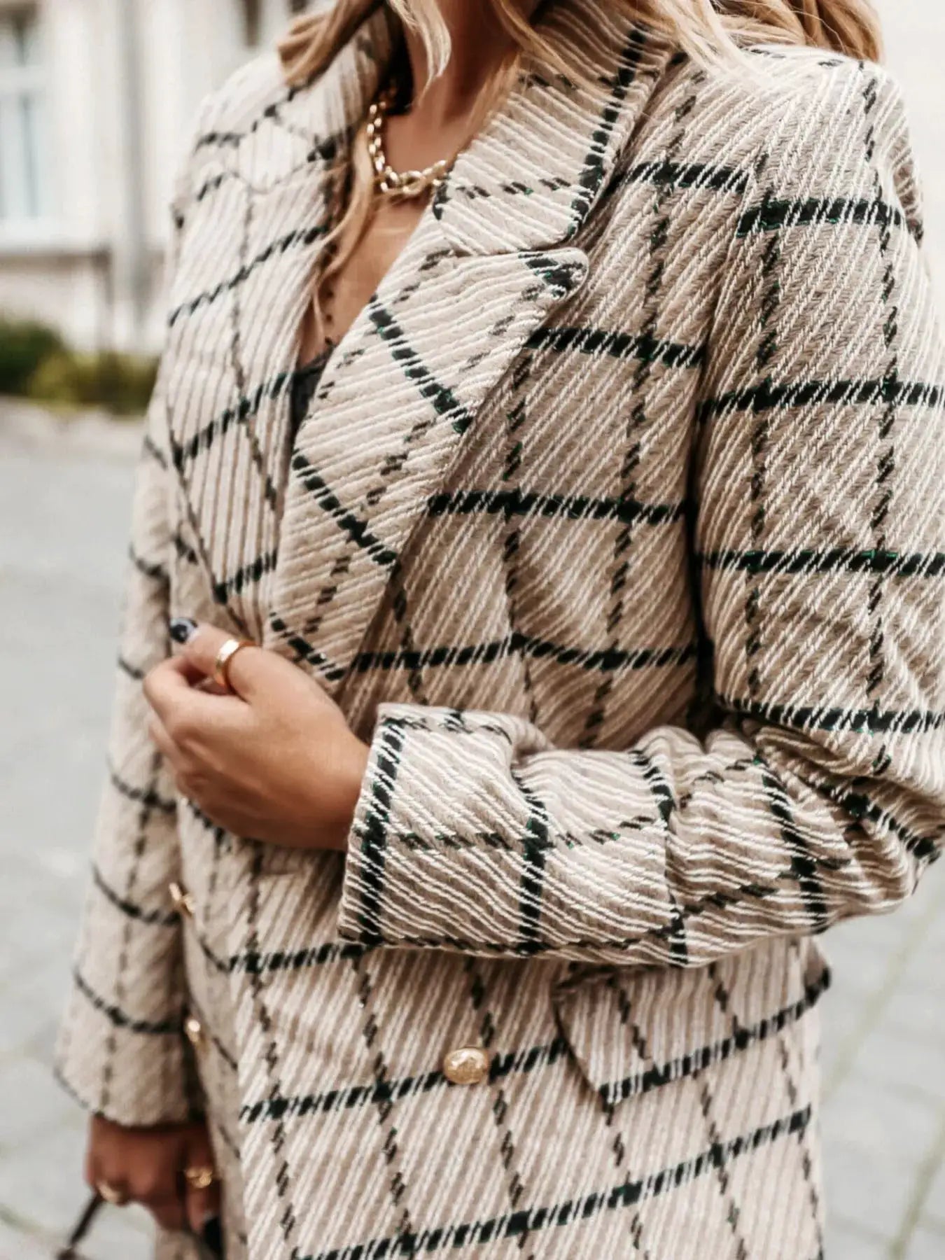 Plaid Tweed Double-Breasted Coat by Trendsi