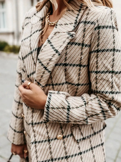 Plaid Tweed Double-Breasted Coat by Trendsi