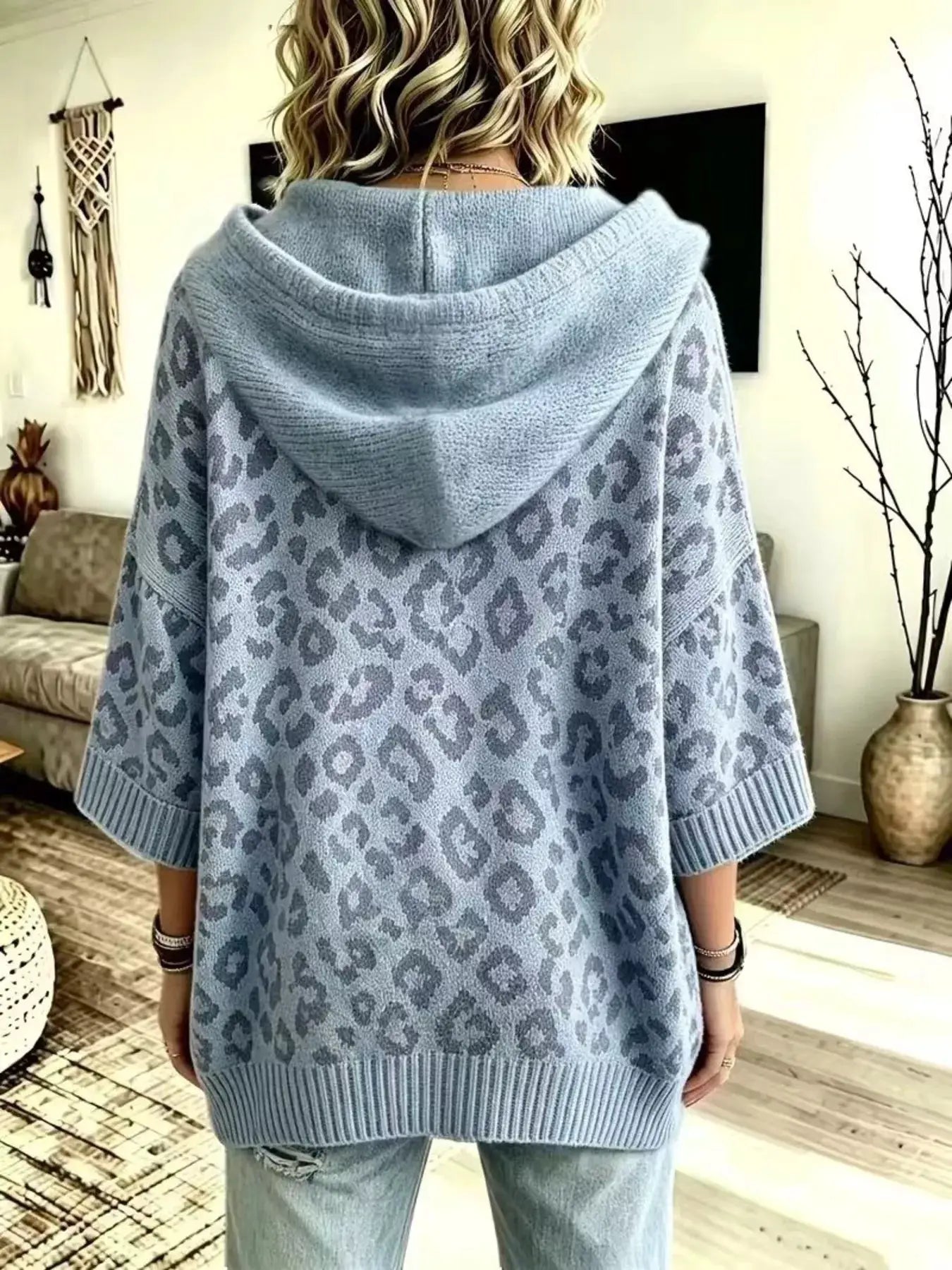 Drawstring Leopard Hooded Sweater by Trendsi