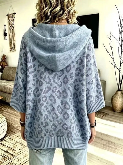 Drawstring Leopard Hooded Sweater by Trendsi