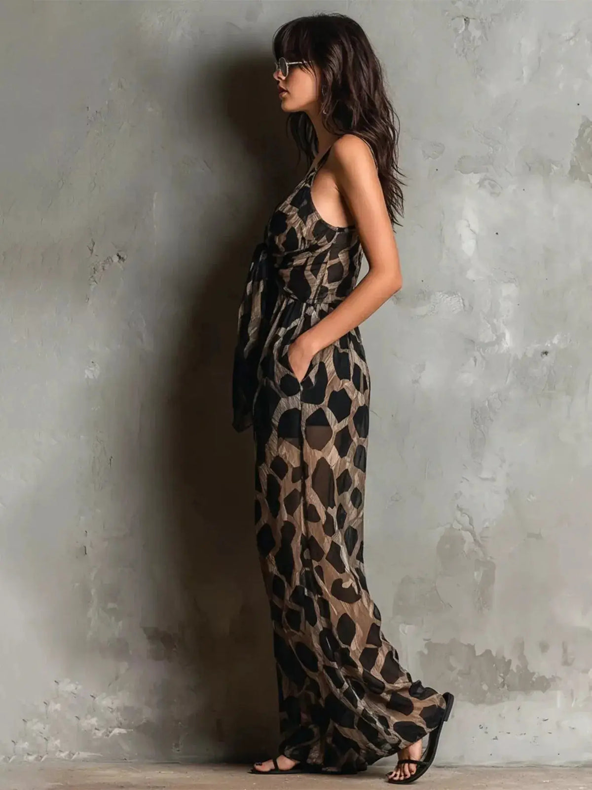 Leopard Front Tie Detail Wide-Leg Jumpsuit by Trendsi