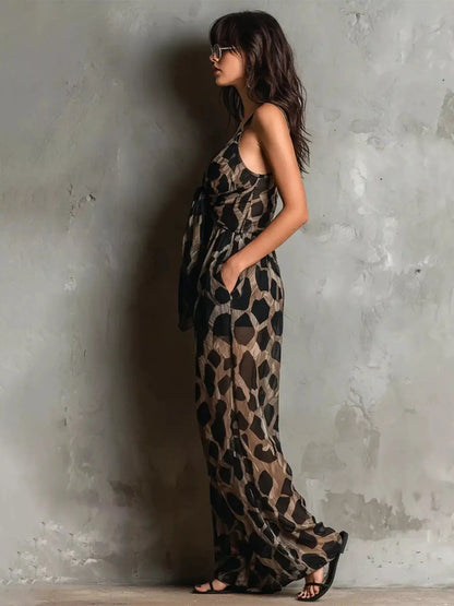 Leopard Front Tie Detail Wide-Leg Jumpsuit by Trendsi