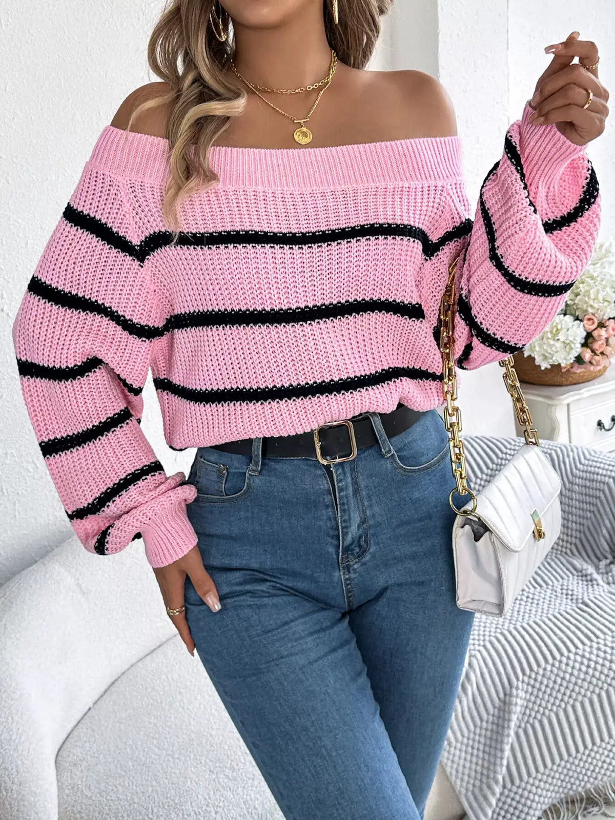 Off-Shoulder Striped Contrast Sweater by Trendsi