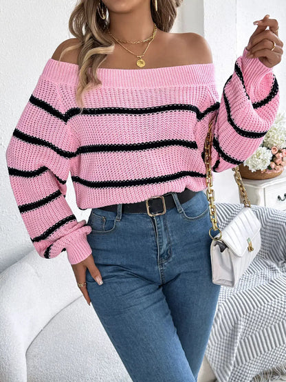 Off-Shoulder Striped Contrast Sweater by Trendsi