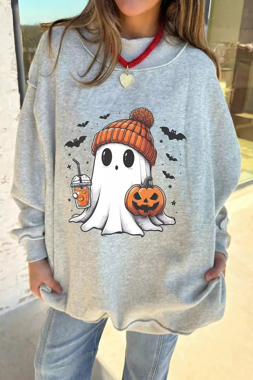 Reversible Halloween Graphic Mock Neck Tunic Sweatshirt by Trendsi