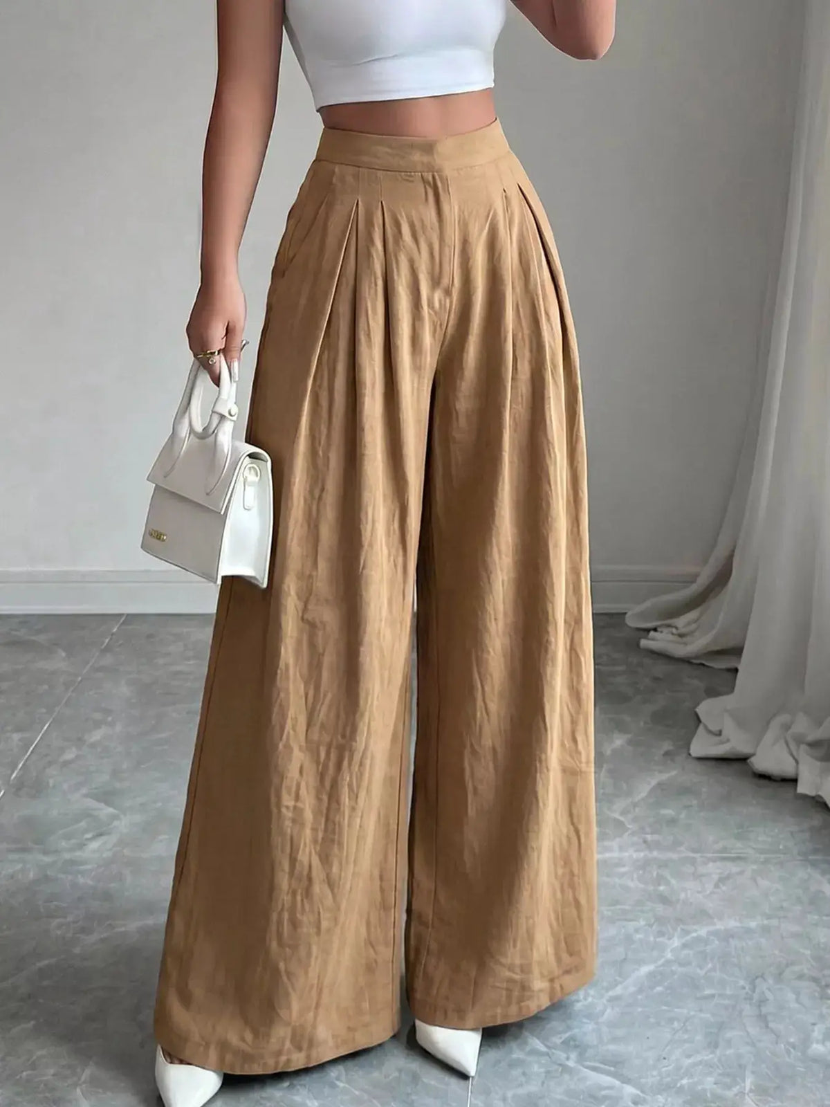 High-Waisted Pleated Wide-Leg Pants by Trendsi