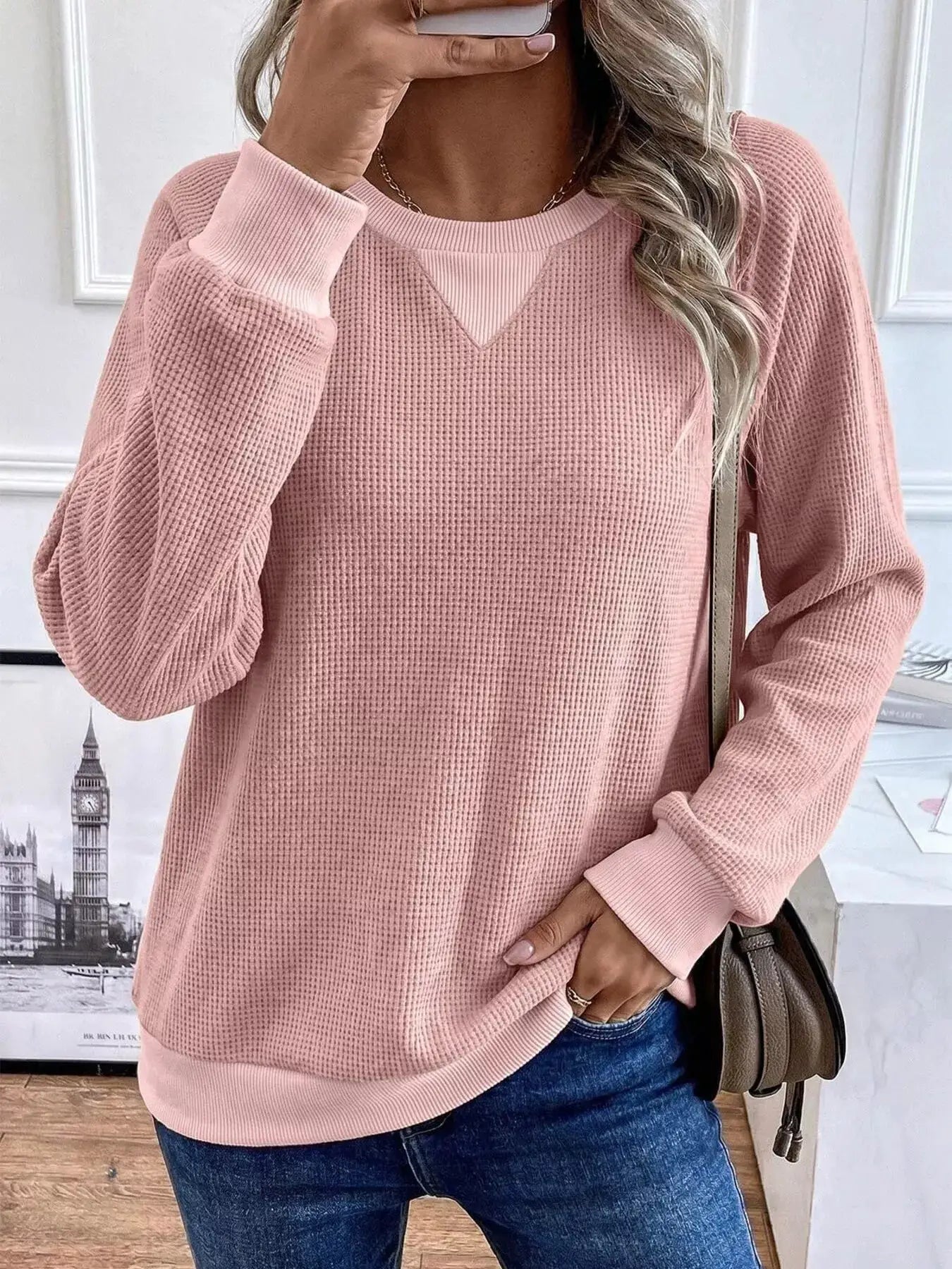 Waffle Knit Crew Neck Long Sleeve Sweatshirt by Trendsi