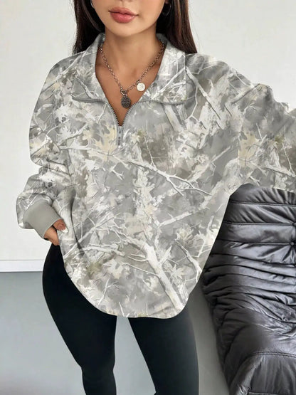 Quarter-Zip Printed Sweatshirt with Ribbed Cuffs by Trendsi