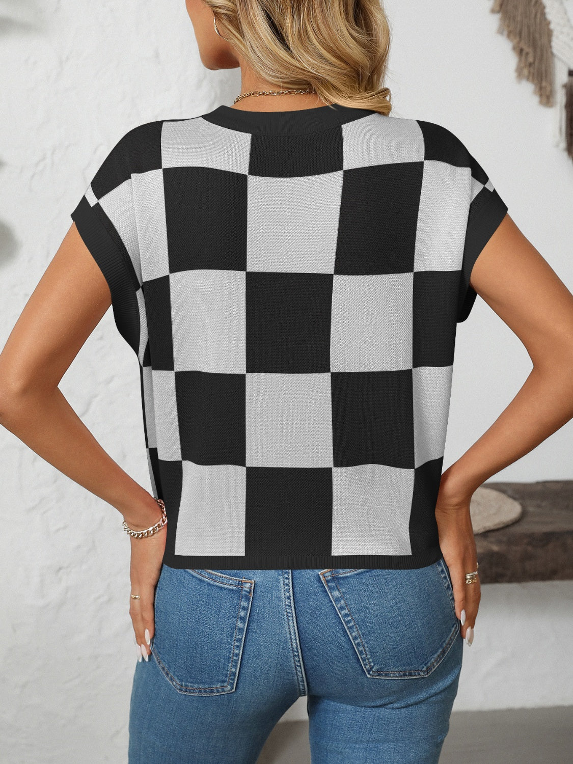 Mandy Checkered Round Neck Cap Sleeve Knit Top