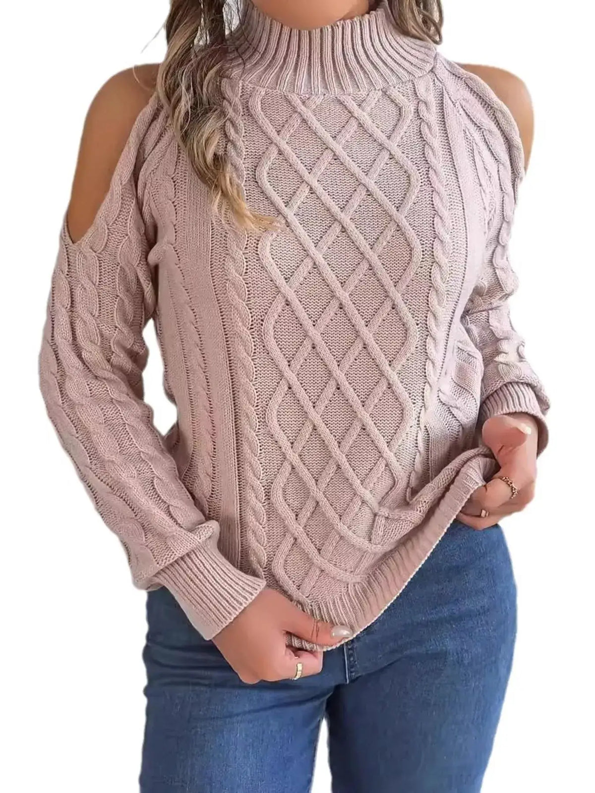 Cold-Shoulder Cable Knit Sweater by Trendsi