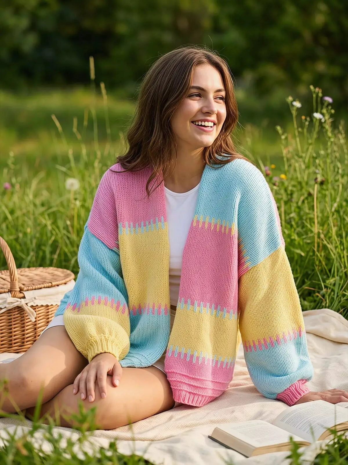 Color-Block V-Neck Cardigan by Trendsi