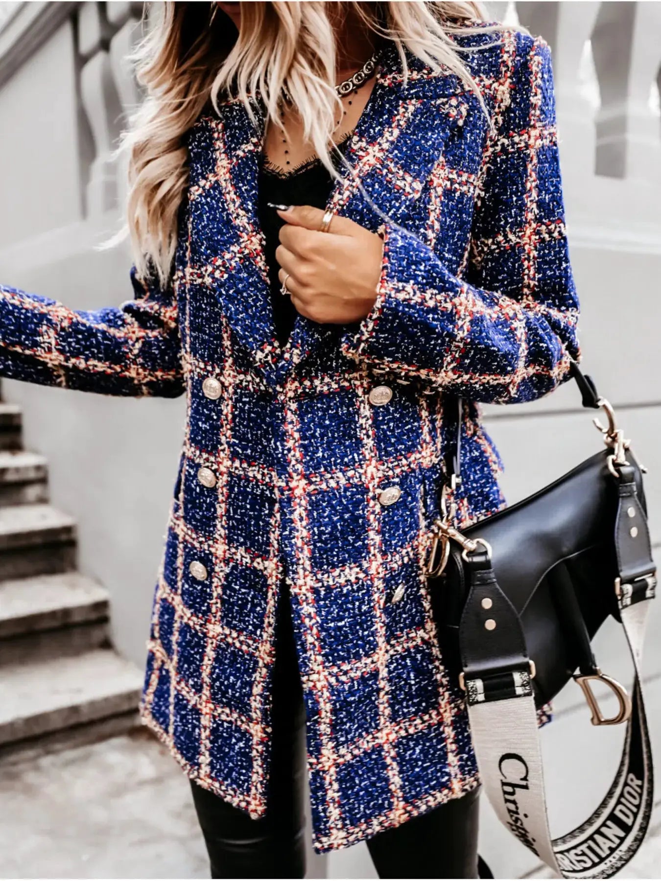 Plaid Tweed Double-Breasted Coat by Trendsi
