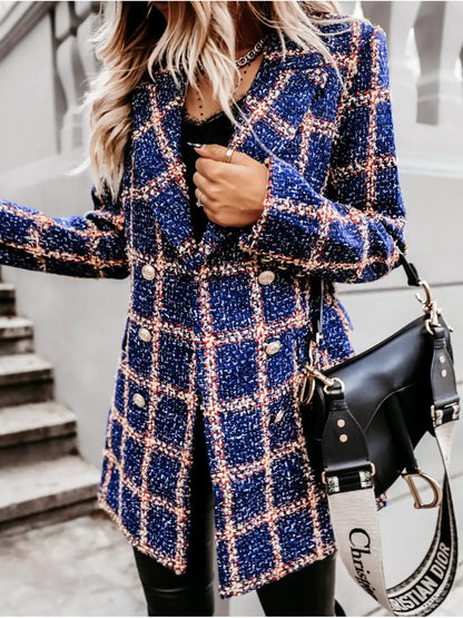 Plaid Tweed Double-Breasted Coat by Trendsi