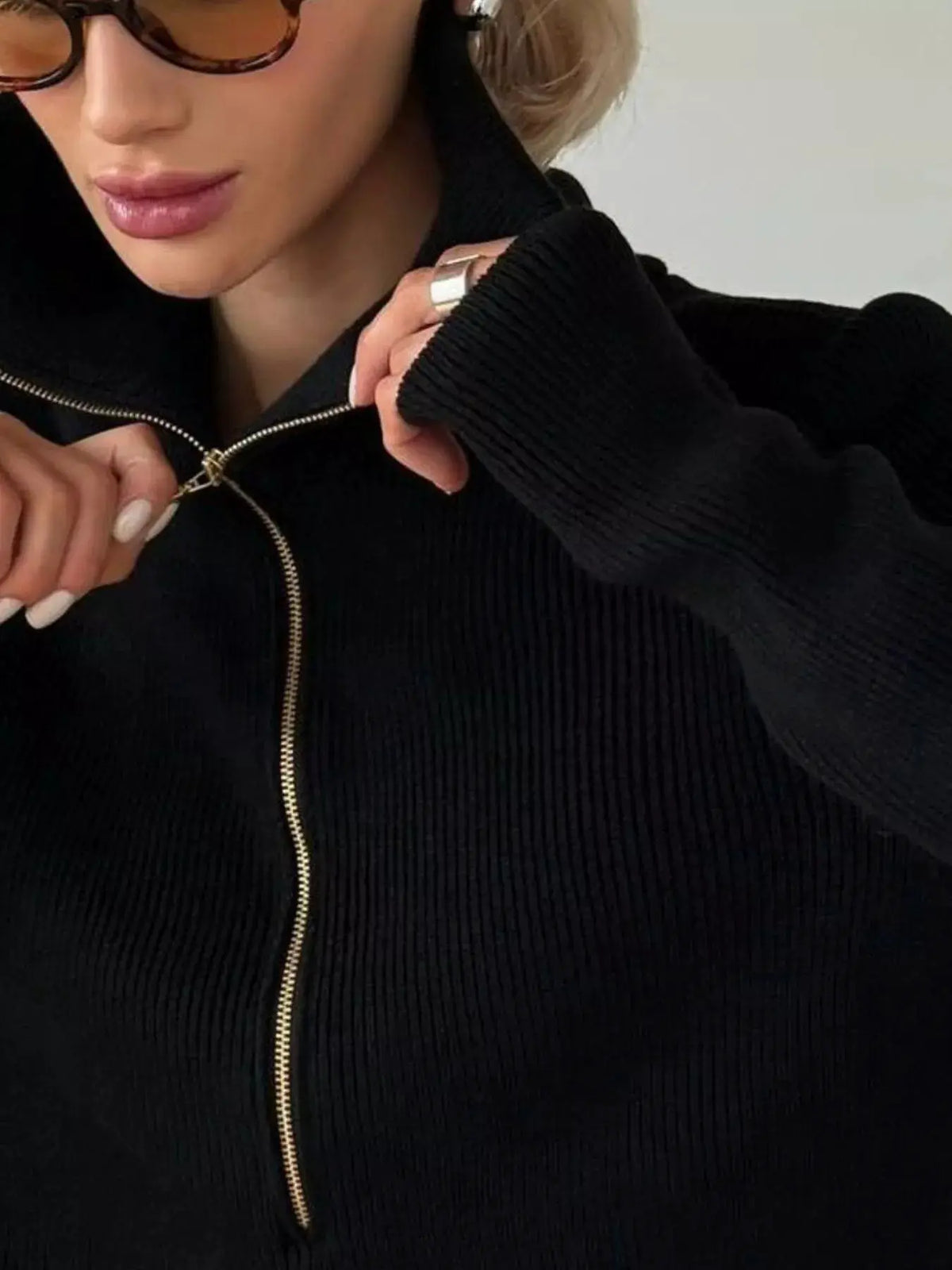 Ribbed Knit Quarter-Zip Sweater by Trendsi