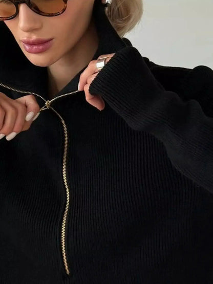 Ribbed Knit Quarter-Zip Sweater by Trendsi