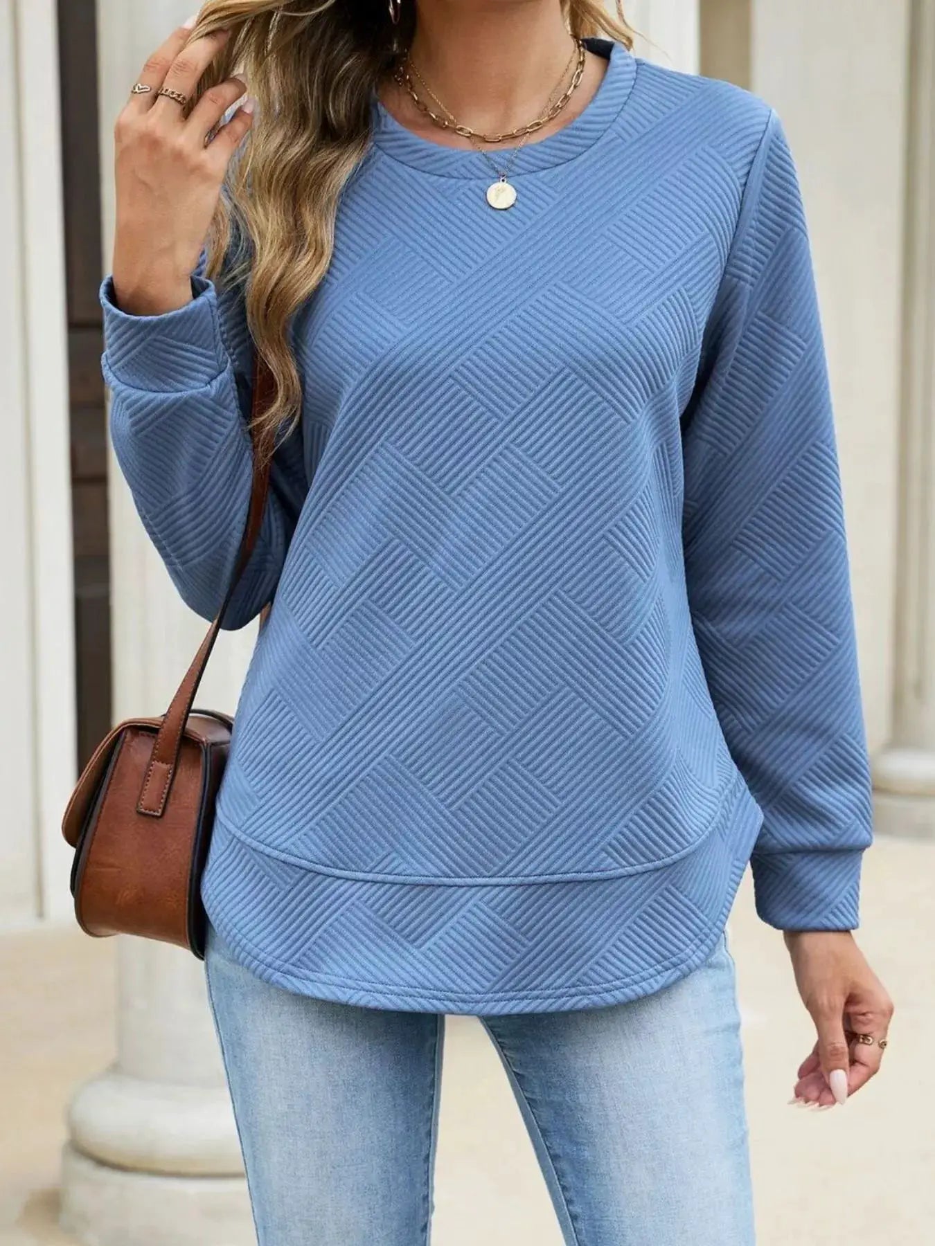 Textured Crew Neck Sweatshirt by Trendsi
