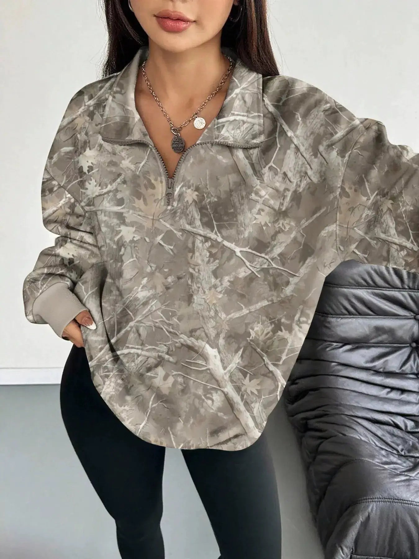 Quarter-Zip Printed Sweatshirt with Ribbed Cuffs by Trendsi