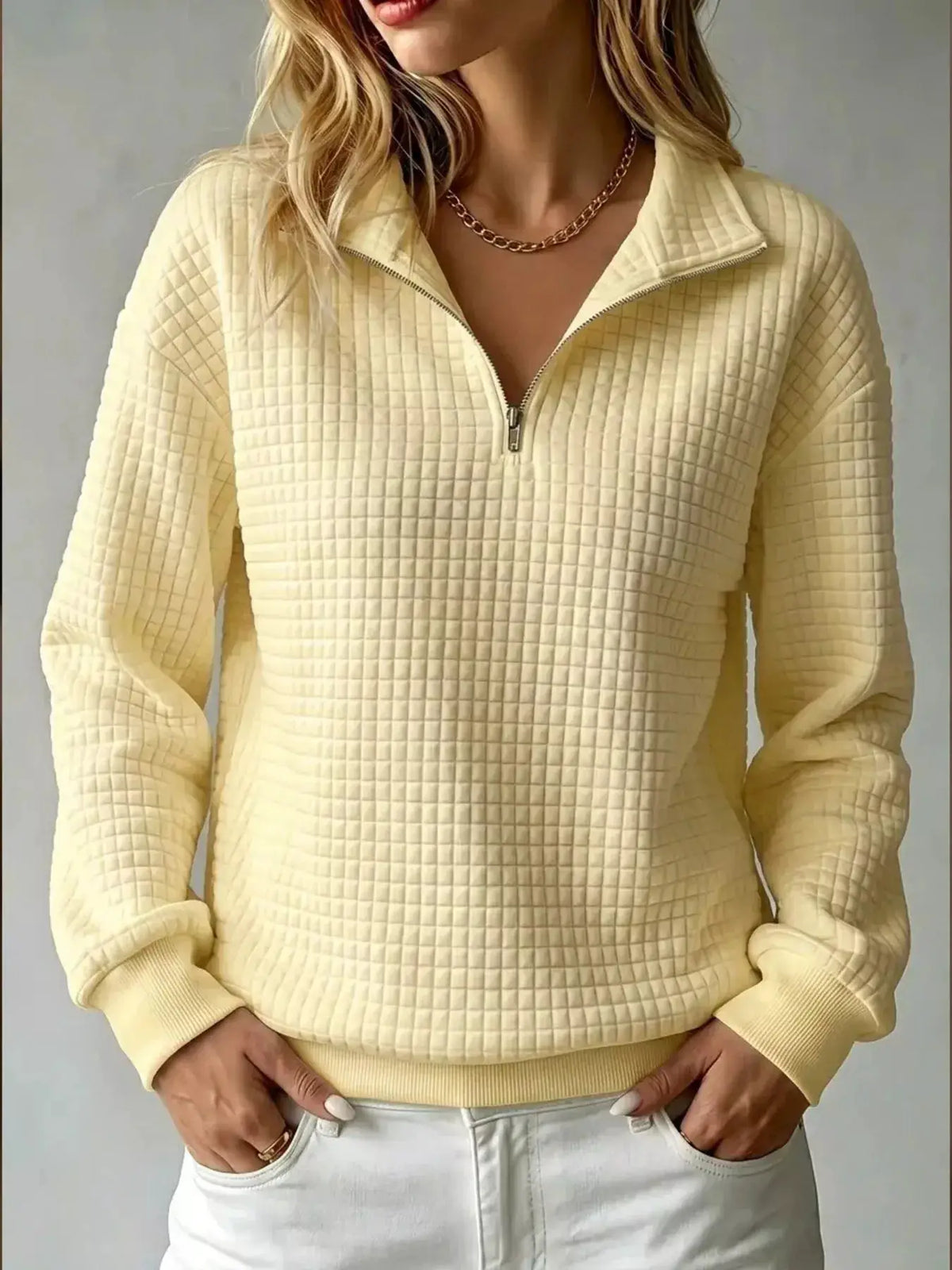 Waffle Knit Quarter-Zip Sweatshirt by Trendsi