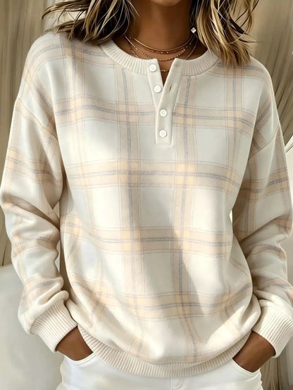 Full Size Plaid Button Detail Long Sleeve Sweatshirt Plus Size by Trendsi