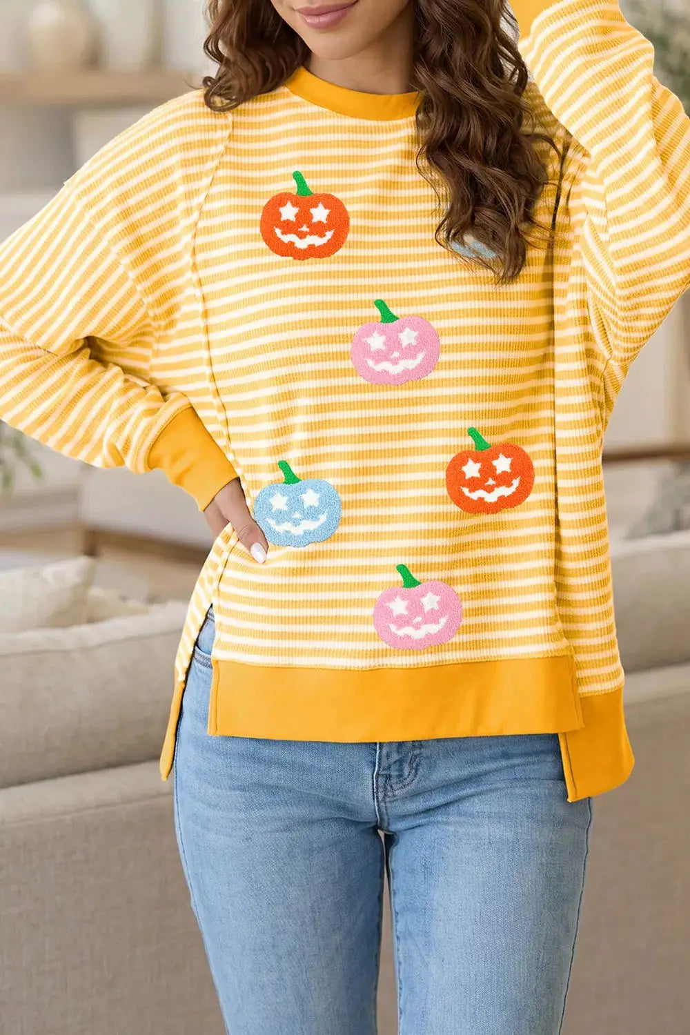 Stripe Halloween Pumpkin Face Waffle Knit Pullover Loose Top with Slits by Trendsi
