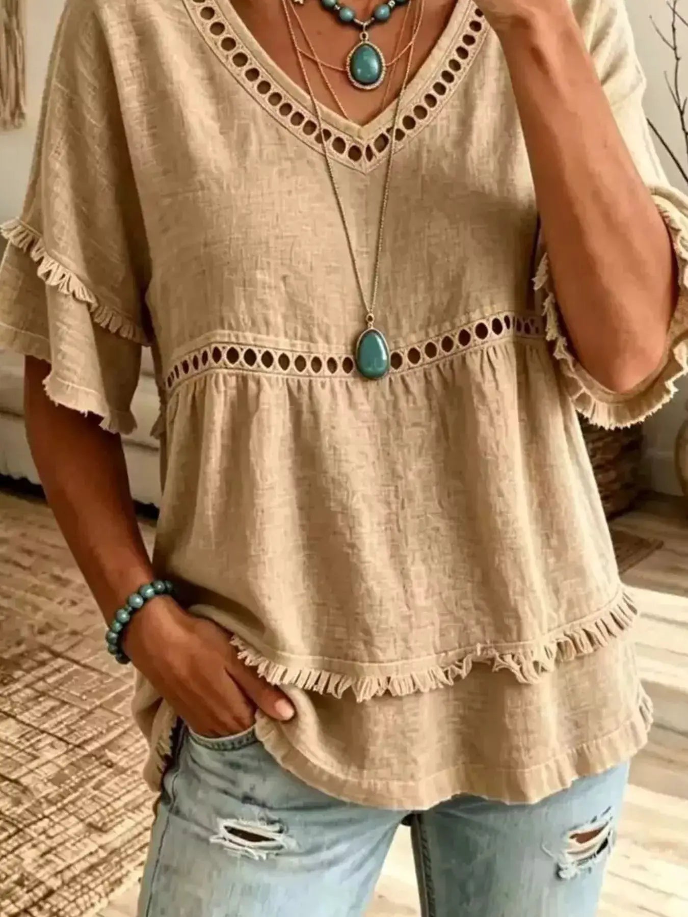 Eyelet V-Neck Frayed Edge T-Shirt by Trendsi