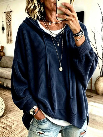 Drawstring Ribbed Knit Hoodie by Trendsi