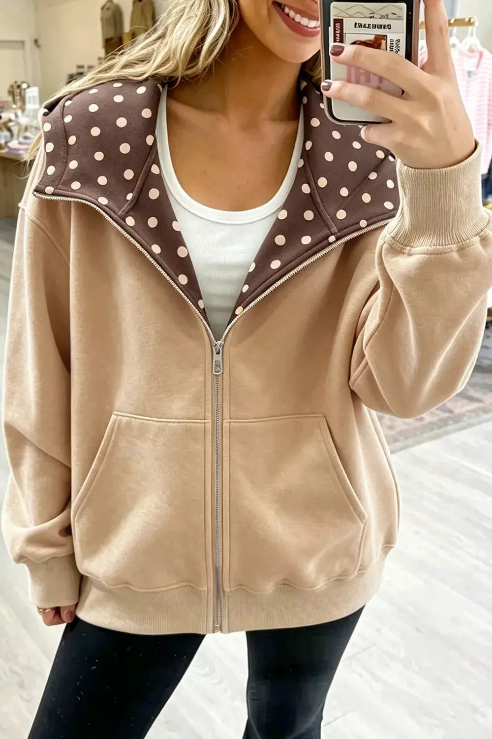 Polka Dot Zip-Up Hoodie by Trendsi
