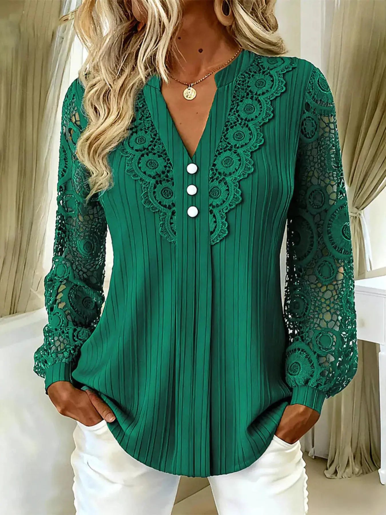 Lace Long Sleeve Notched Blouse by Trendsi