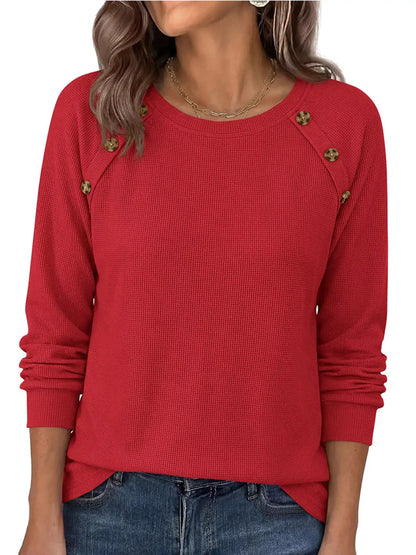 Decorative Button Waffle Knit Long Sleeve T-Shirt by Trendsi
